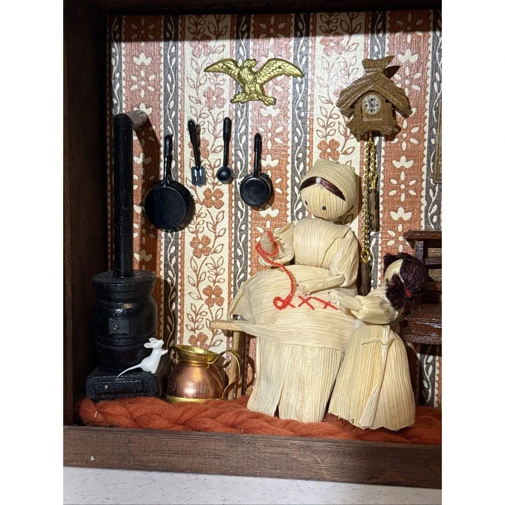 Vintage Corn Husk Doll Shadow Box Diorama Folk Art 1970s Cottage Core Farmhouse